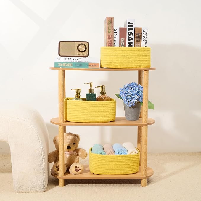 MiniArk Small Storage Baskets for Organizing | Closet Organizer Bins | Shelf Toy Basket | Woven Rope Baskets | Cube Decorative Box | Shallow Basket | 11.5x7.5x4.7” | 4 Packs Yellow