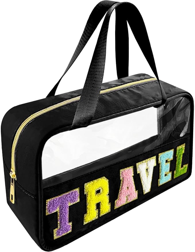 Bunliuys Chenille Letter Clear Makeup Bag Travel Patch, Travel Toiletry Makeup Bag with Handle, Nylon Waterproof Makeup Bags clear cosmetic bag, preppy patch makeup bag for Women (TRAVEL-Black)