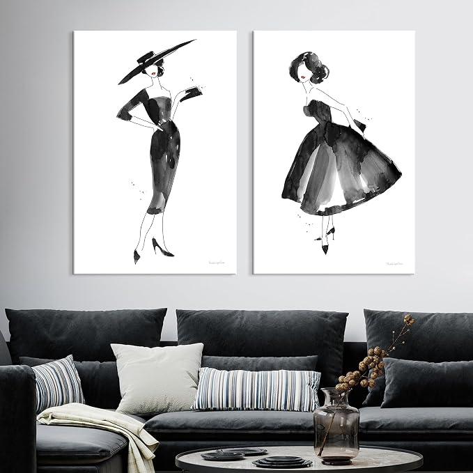 2 Pieces Fashion Women Canvas Wall Art Trendy Models Painting Black and White Funky Poster Pictures Framed Artwork for Bedroom Bathroom Makeup Room Decor 12"x16" (30cmx40cm)