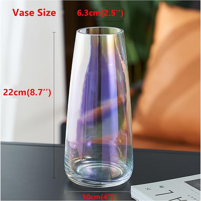 FANTESTICRYAN Modern Glass Vase, 8.7''H Decor Flower Vases Iridescent Clear | Crystal Clear Colored Vase, Fresh/Faux Floral Vases, For Home Office Table Centerpiece Decor Housewarming Gift for Lover