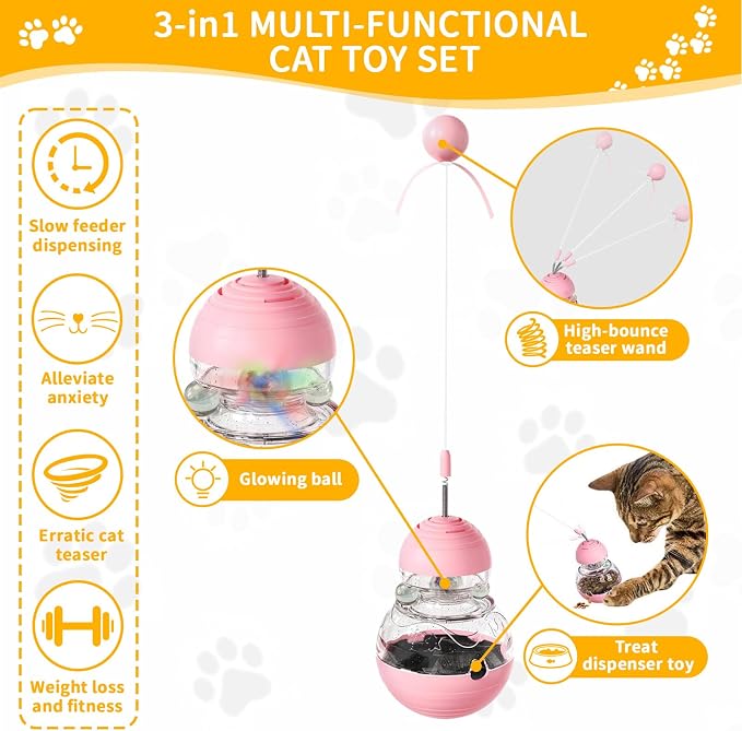 Interactive Wobble Cat Toy, Slow Food Treat Dispenser for Cats, Pink