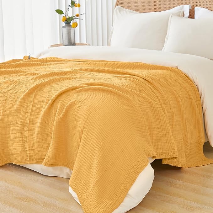 EMME Cotton Muslin Large Throw Blanket Couch Breathable Gauze Soft Lightweight Bed Blankets Adults (Heather Yellow, 50"x70")