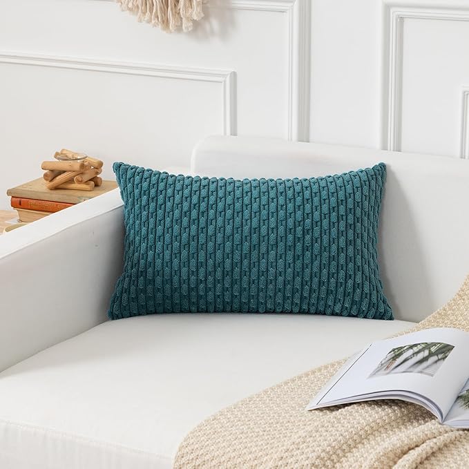 Kevin Textile Soft Corduroy 14"x20" Lumbar Pillow Cover 1 Pack, Teal Blue | Boho Stripe Plush Corduroy Decorative Oblong Cushion Cover Modern Farmhouse Home Decor for Sofa Couch Bed Chair