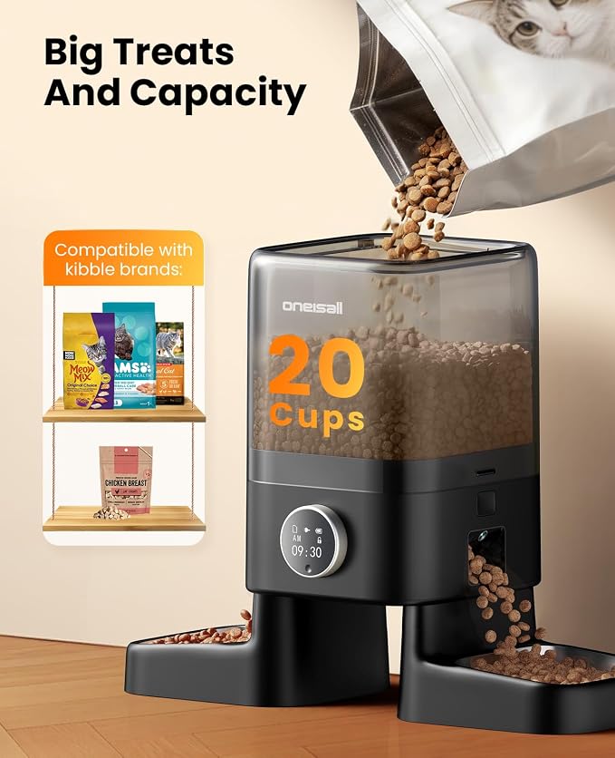 oneisall Automatic Cat Feeder with Camera for 2 Cats Pets, 20 Cups/5L | 5G Wi-Fi, Dual Cameras, HD Night Vision, 2-Way Audio, Motion-Activated Alerts, APP Remote Control, Feed Now, Feeding Logs