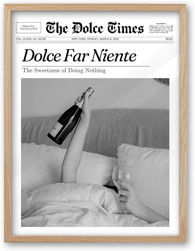 iHery 12x16in Dolce Far Niente Framed Newspaper Wall Art | Natural OAK Wood Frame with Canvas Print, The Sweetness of Doing Nothing Decor for Bedroom, Living Room and Dorm, 1Pack