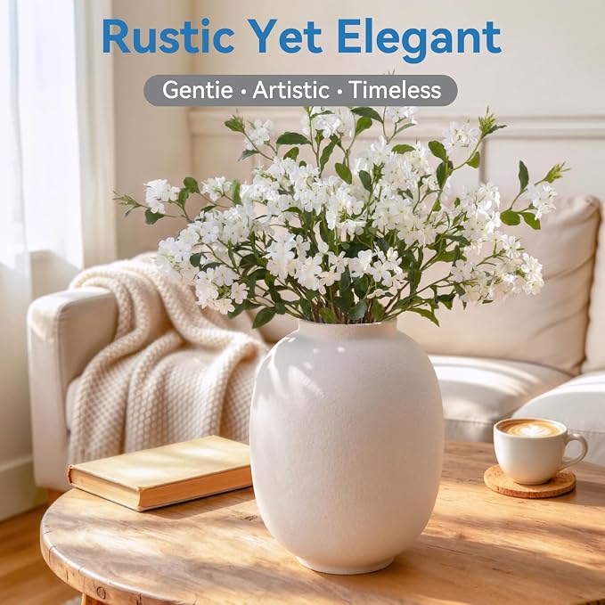 Ceramic Flower Vase Home Decor,9.8 Inch Rustic Farmhouse Vases for Flowers,Vintage Table Vase for Living Room Kitchen Bedroom Shelf Office Desk Coffee Dining Fireplace (9.8"-White)