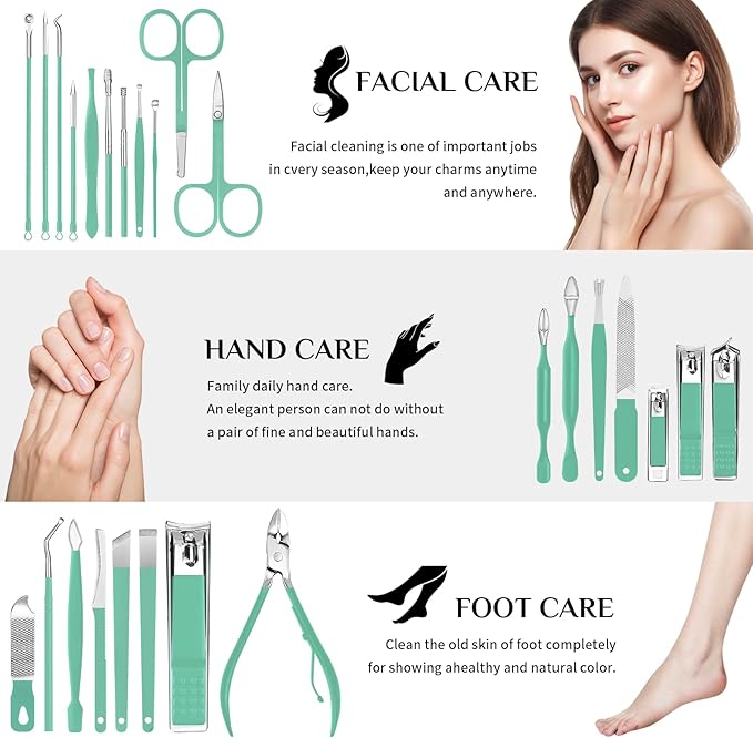 MINKINH Manicure Set Professional Nail Clipper Kit-26 Pieces Stainless Steel Manicure Kit,Nail Care Tools with Luxurious Travel Case Nail Grooming Kit Present for Men Woman Parent (Green)