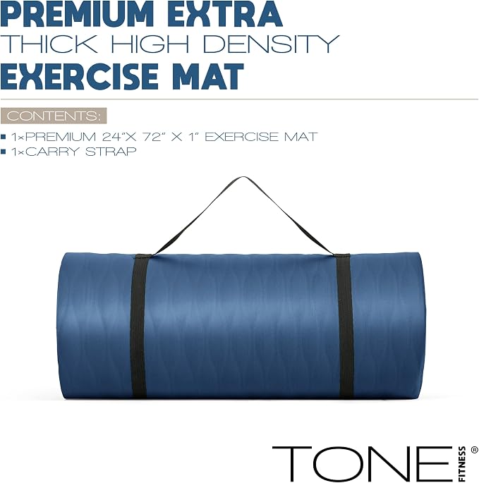 Tone Fitness 1-Inch Thick Yoga Mat | High-Density, Non-slip Exercise Mat with Carrying Strap for Yoga, Pilates, & Home Gym Workouts | Multiple Options