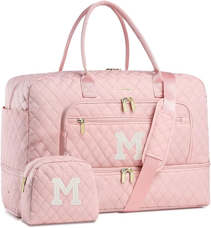 Initial Travel Duffle Bag for Women - Pink Personalized Weekender bags Overnight Bag with Shoe Compartment & Wet Pocket Weekend Tote Bags with Toiletry Bag Monogram Xmas Gifts (Letter M)