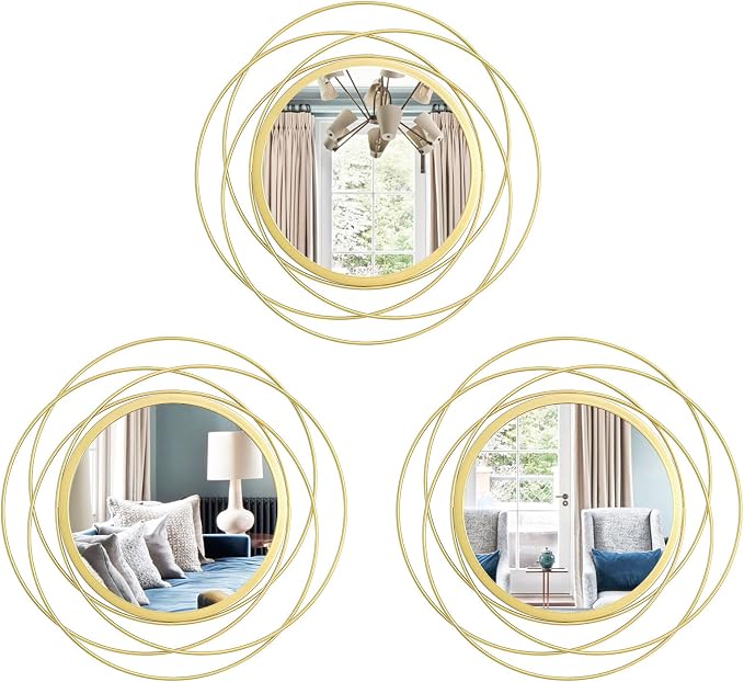 3 Set Round Mirrors for Wall Decor Living Room Bedroom Bathroom Dining Room Metal Circle Mirror Set Boho Decorative Sunburst Wall Art Accent Entryway - Gold 9.5 in