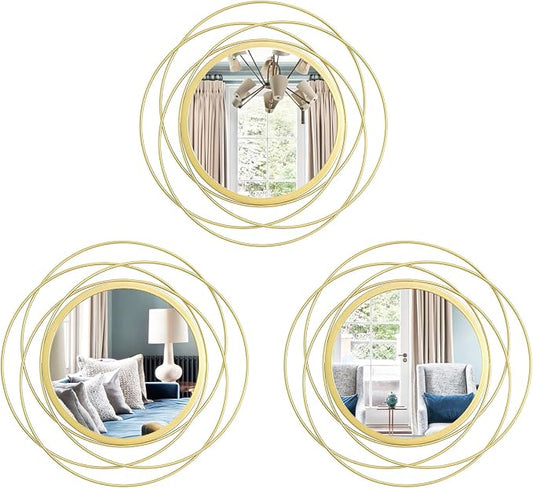 3 Set Round Mirrors for Wall Decor Living Room Bedroom Bathroom Dining Room Metal Circle Mirror Set Boho Decorative Sunburst Wall Art Accent Entryway - Gold 9.5 in