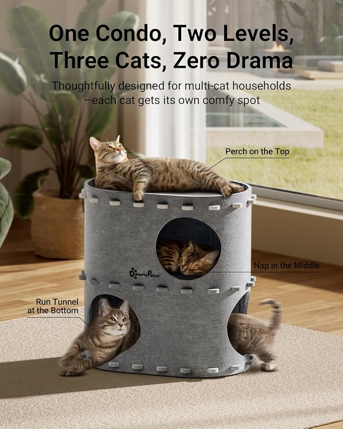DownyPaws Cat House for Indoor Cats, 2-Storey Cat Bed Cave, Light Gray | Cat Hideaway Enclosed Bed,Cave Hideout Fort, Kitten Houses for Large Cats,Hide Box Bed Multicats Scratch Resistant