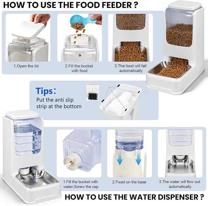 Automatic Cat Dog Feeder and Water Dispenser Set with Stainless Steel Bowl | Automatic Cat Feeder and Water Dispenser Set with Dog Stainless Steel Feed Bowl Pet Gravity Self Feeding and Waterer *2