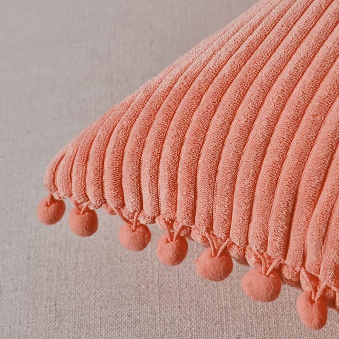 Fancy Homi 24x24 Pillow Covers, Pack of 2 Coral Throw Pillow Covers with Pom-poms, Super Soft Corduroy Square Solid Cushion Cover for Couch Sofa Bedroom Living Room 60x60 cm