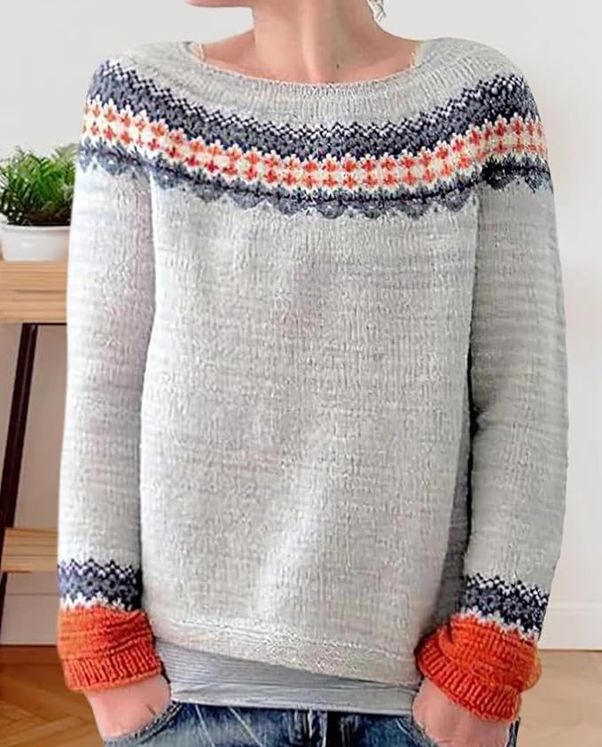 Zhyaj Fair Isle Sweater for Womens Winter Long Sleeve Vintage Knitted Sweater Casual Fall Crew Neck Pullover Sweaters