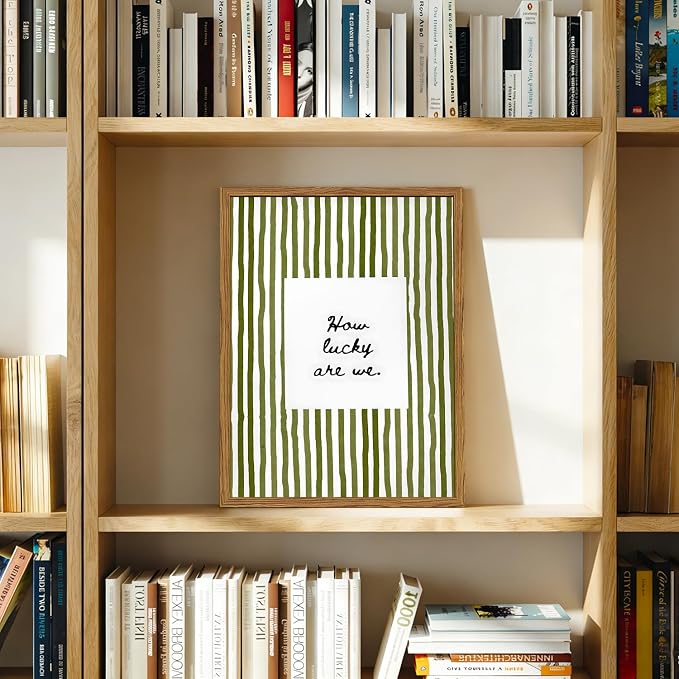 Framed How Lucky Are We Wall Art, Green Striped Pictures Wall Decor, Trendy Inspirational Quote Paintings Canvas Prints Preppy Home Decor for Living Room Bedroom Office Dorm 12x16 inch