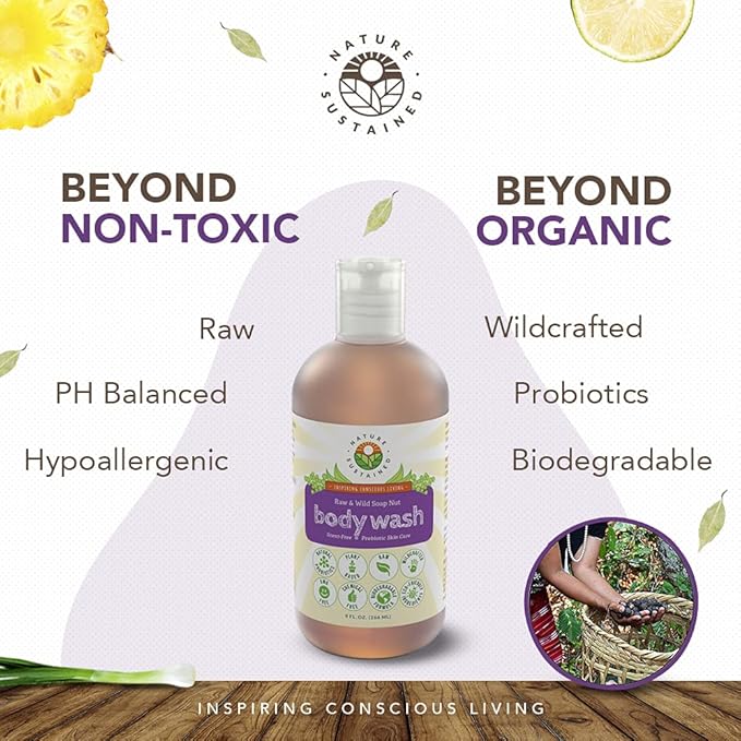 Nature Sustained Organic Body Wash & Face Wash – Raw & Wildcrafted with Probiotics, Soapberry Formula for Eczema & Psoriasis - Wild Plants Selected for Sensitive & Dry Skin, Gallon, Lemongrass
