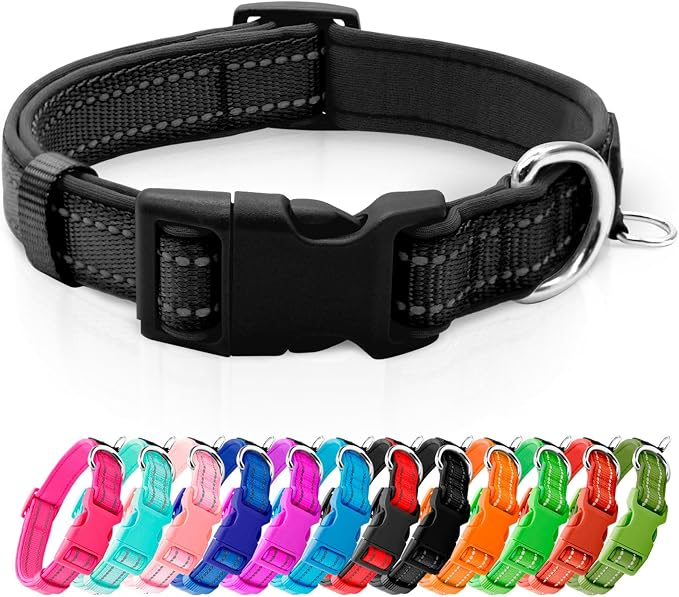 azuza Reflective Dog Collar, Neoprene Padded Small Dog Collar, Black, S