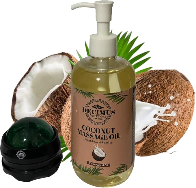 Coconut Massage Oil for Couples Date Night, with Massage Roller Ball, Full Body Massage Oil for Massage Therapy, Skin Therapy Oil & Organic Body Oil Moisturizer, Spa Gift Set for Him, Her