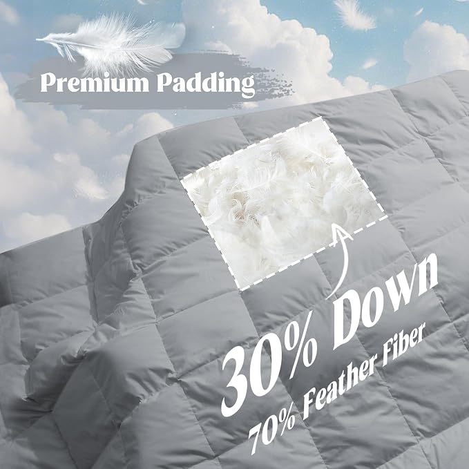 puredown® Soft Feather Down Blanket Lightweight Packable Down & Feather Fill Blanket for Indoor and Outdoor Use, Queen Size Blankets, 88"X90", Alloy Gray