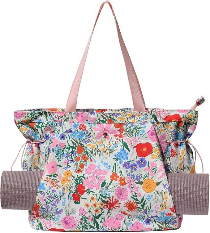 ESVAN Yoga Tote Bag for Women Drawstring Canvas Shoulder Bags for Workout Travel Carryall Pilates Gym and Beach
