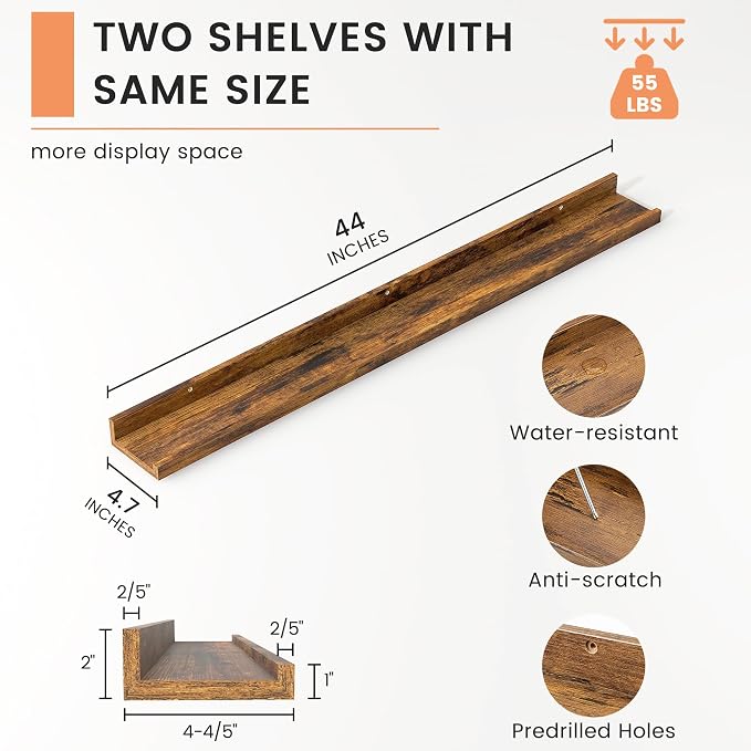 Picture Ledge Shelf, Floating Shelves for Wall, 44" W Set of 2, Brown | FSC Certified Engineered Wood, Wall Mounted Bookshelf, for Nursery Living Room Bedroom, Pre-Drilled, Easy Install