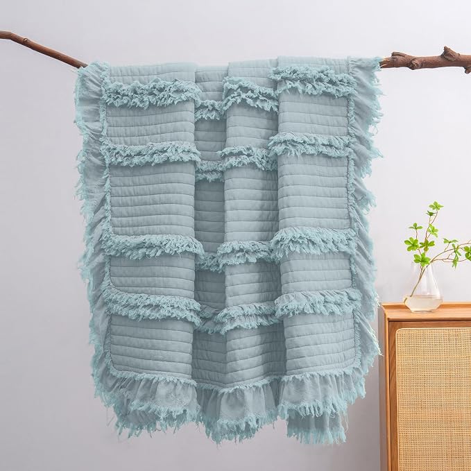Ultra Soft Pre-Washed Warm Quilted Throw Blanket, Ruffle Fringed Blue Boho Decorative Throw, Stone Washed Chic Rustic Blanket for Sofa Couch Bed Chair, 50"x 60"
