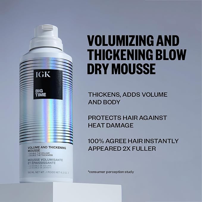 IGK BIG TIME Volume & Thickening Mousse | Moveable + Fullness + Frizz Control | Vegan + Cruelty Free | 6.2 Oz