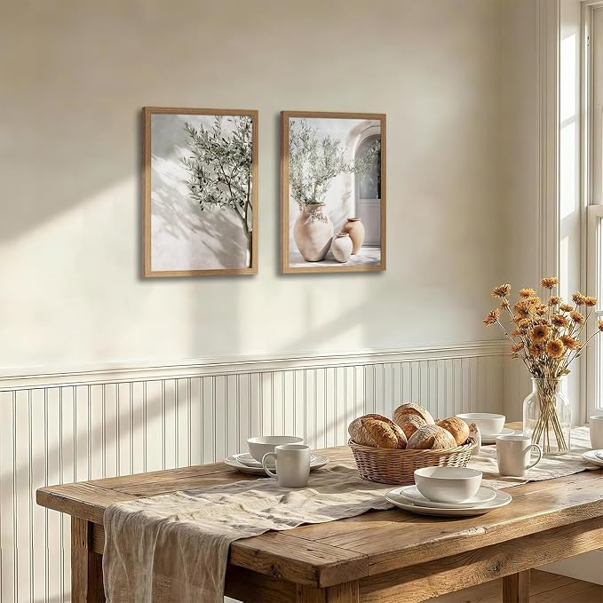 Mediterranean Wall Art Set of 2, Olive Tree & Pottery Framed Prints | Neutral Botanical Mediterranean Painting, Framed Picture Wall Decor for Living Room Bedroom Office 12x16 Inch