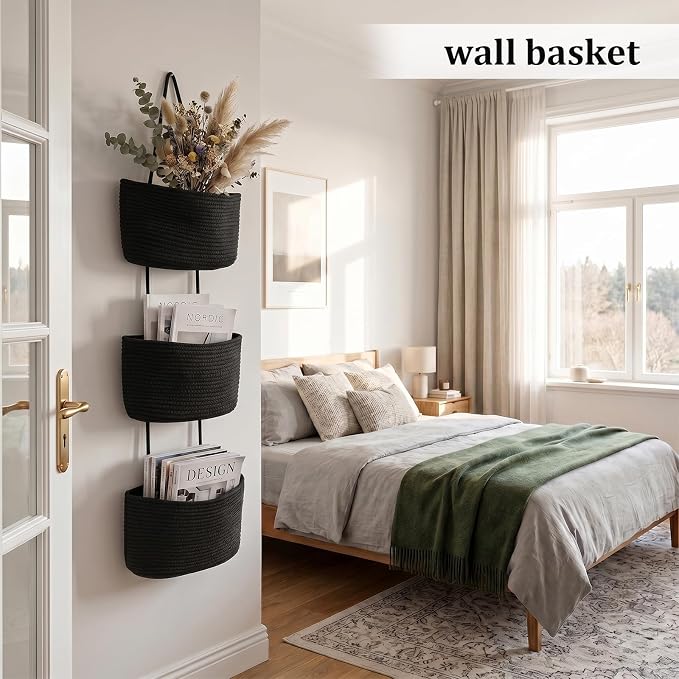 TeoKJ Over the Door Hanging Basket, 3-Tier Woven Cotton Wall-Mounted Storage Organizer Bag Decorative Hanging Nursery Baskets, Black