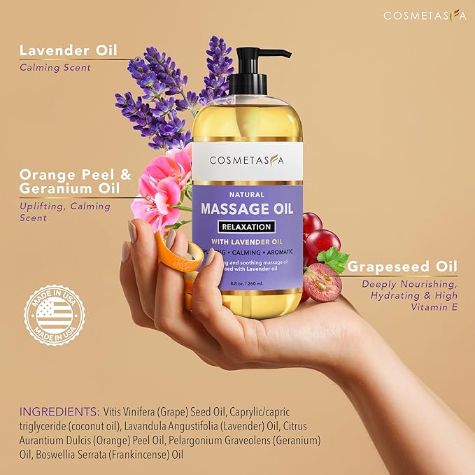 Cosmetasa Body Massage Oil Therapy Kit – Arnica & Lavender Oil for Relaxation and Sore Muscles – Includes Anti-Cellulite Oil, Roller Ball & Mitt for Firming Skin – Spa Gift Set for Women & Men