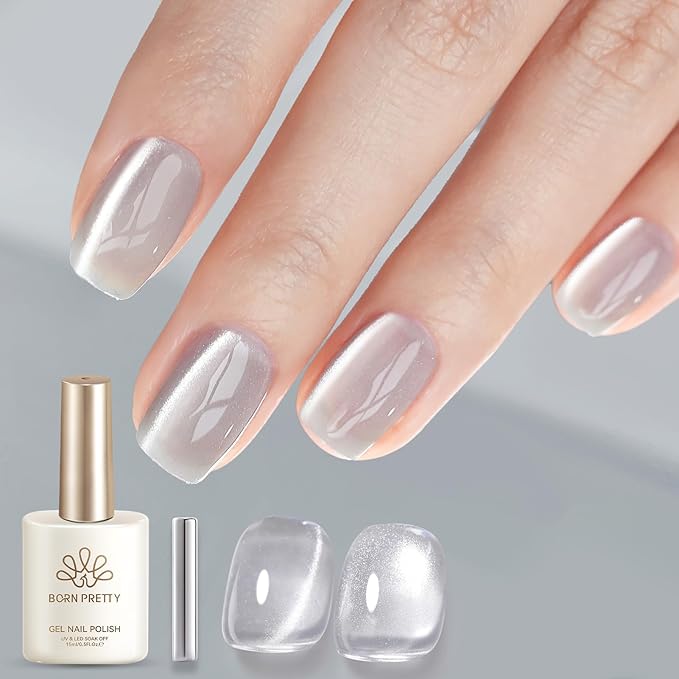 Born Pretty Silver Cat Magnetic Eye Gel Nail Polish 15ML,Jelly Glass Silver Crystal Glitter Shimmer Translucent Magnetic Gel Polish with Magnet,Soak Off U V Gels for Women Girl