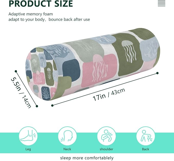 Multi Color Blocks Jellyfish Coral Ocean Geometric Neck Roll Pillow Bolster Round Health Memory Foam Long Cervical Cylinder Pillows with Removable Washable Cover for Body Bed Legs Back Yoga