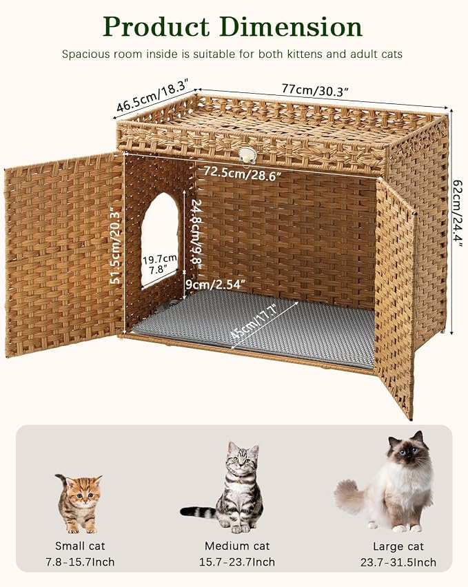 SETVSON Cat Litter Box Enclosure, Extra Large Hidden PE Rattan Natural | Spacious Double Door PE Rattan Cat Washroom Bench, Side Table Look, Fits Covered Litter Tray, 2 Mats, Metal Frame