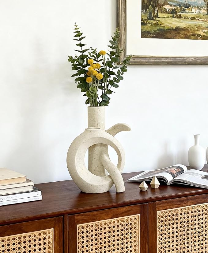 Ceramic Vase Set of 2, OK Shape, Modern Nordic Boho Home Decor - Matte Minimalist Decorative Vases for Living Room, Shelf, Wedding Centerpiece, Table Decor (Cream White)