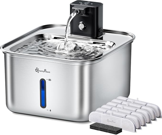 DownyPaws Cat Water Fountain Stainless Steel Wireless, Metal & 6 Filters | Cordless Battery Operated Pet Water Automatic Fountain, 101 Oz/3L Water Fountain for Cats Drinking with Motion Sensor