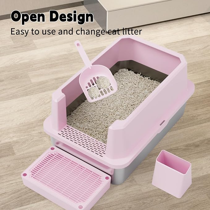 RIZZARI Stainless Semi-Closed Litter Box: High-Sided Open for Large Cats | 304 Stainless Bottom / 6.5" High Splash Guard / Low Front Entry / Spacious for Large Breeds / 30-Second Tool-Free Assembly