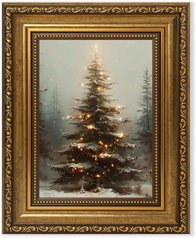 Fantasy Artists Christmas Framed Canvas Wall Art, Lighted Christmas Tree in Snowy Forest Gold Frame Print, Vintage Winter Holiday Decor for Living Room Bedroom Entryway, Ready to Hang, 8" Wx10 H