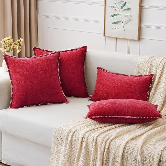 MIULEE Decorative Couch Throw Pillow Covers 16x16 Inch Red 2 Pack | Summer Farmhouse Pillow Covers with Stitched Edge, Soft Chenille Cushion Cases, for Sofa Bed Living Room Home Decor