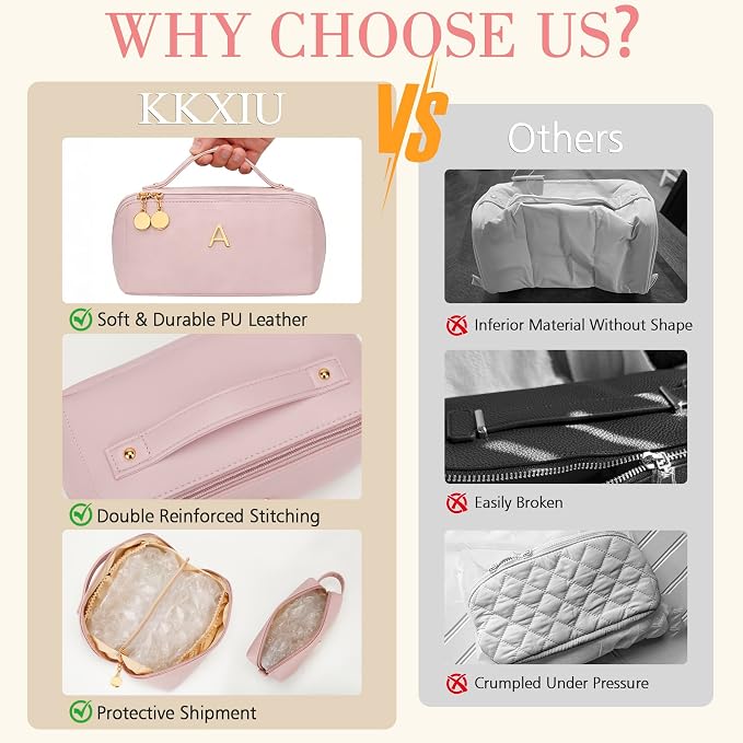 KKXIU Initial Makeup Bag for Women - Personalized Makeup Bag Gifts for Women, Travel Toiletry Bag with PU Leather, Open Flat Design with Top Handle, Cosmetic Bag Set with Multi-Pocket (Pink,R)