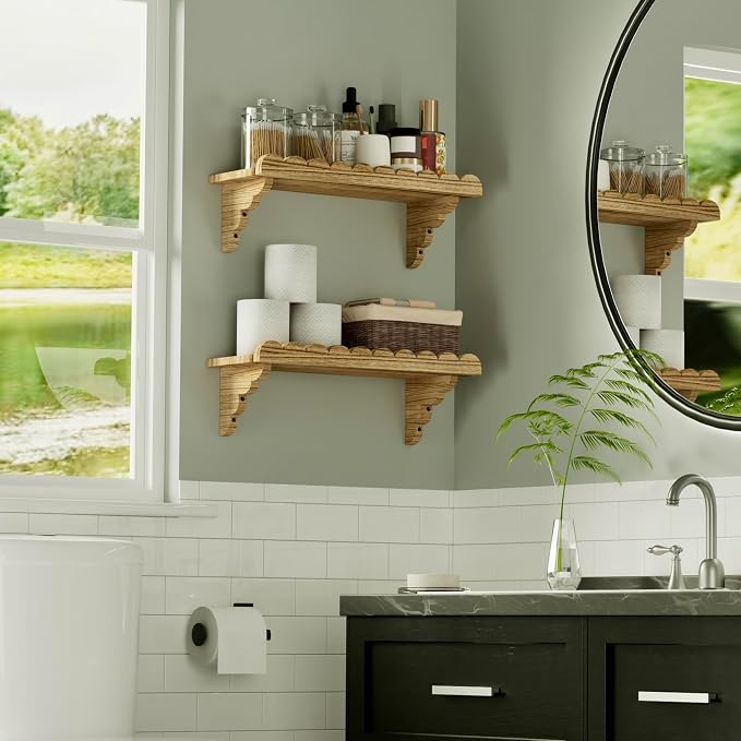 Scalloped Wood Wall Shelf – 17 Inch Floating Shelf with Wood Brackets, Easy to Install Rustic Wall Shelf for Living Room, Bedroom, Bathroom, or Any Space - Light Brown