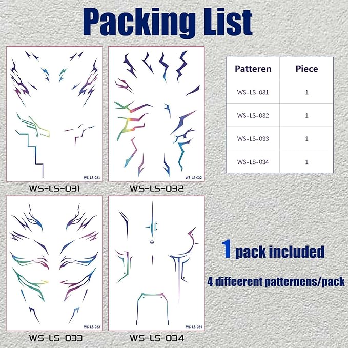 Rumi Tattoos – 4 Holographic Designs, Inspired Anime Temporary Face Tattoos, Waterproof & Skin-Safe for Cosplay, Parties & Festivals (1 Pack)