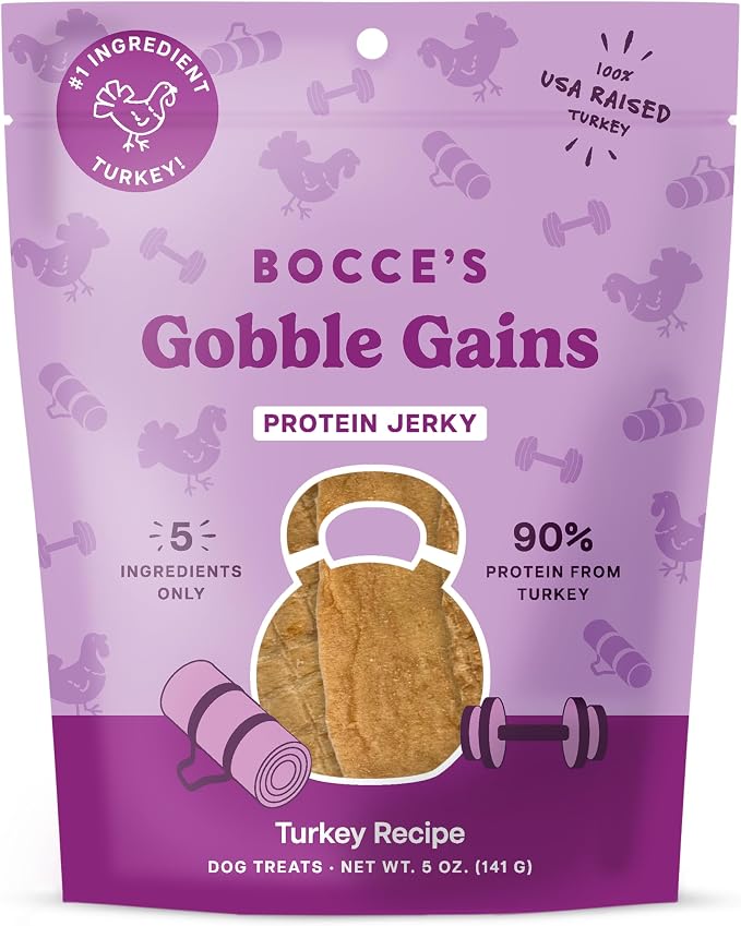 Bocce's Bakery Gobble Gains Protein Jerky Dog Treats, Turkey (5 oz) | High-Protein, Wheat-Free, Limited-Ingredient Treats with No Added Salt or Sugar - Baked in The USA