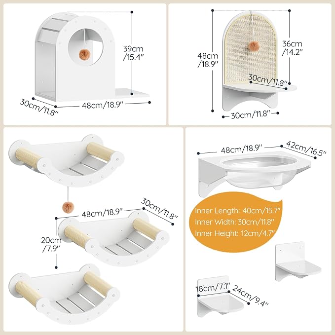 HOOBRO Wood Cat Wall Shelves for Large Cats, Wall-Mounted Cat Shelves and Perches, Cat wall Furniture Set with Cat House, Transparent Capsule Hammock, for Sleeping, Playing & Climbing, White WT48CS03