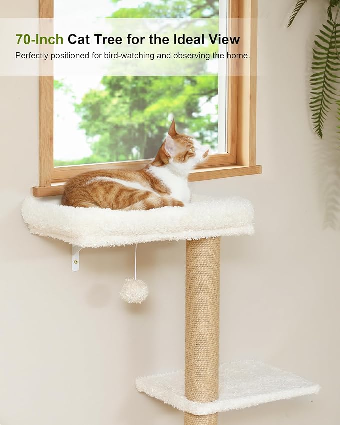 FUKUMARU Cat Wall Shelves Set, 70 inch Wall Mounted Tree, Beige | Kitten Scratching Post with Soft Cushion Perch, Space Saving Climbing Wall Furniture for 16 Inch Drywall