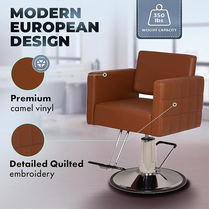 Buy-Rite Icon Styling Chair in Camel for Professional Salons & Barbershops, Extra Wide Seat, Quilted Design, Hydraulic Pump, Tufted Back, Easy-Clean Vinyl, Durable Steel Frame, YLG-192-CAM