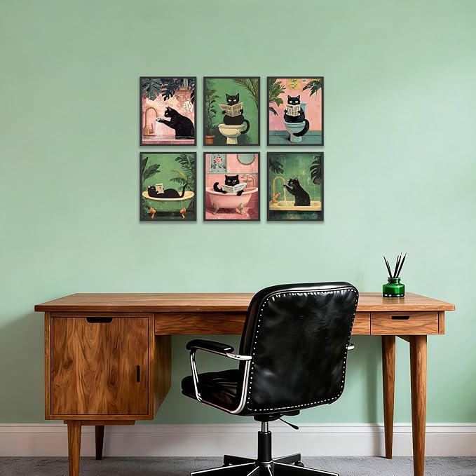 KBKBART 6pcs Funny Cat Bathroom Wall Art Prints Poster Unframed, 8x10 inch | Canvas Wall Decor, Black Cat Pictures Bathroom Toilet Art, Vintage Painting Artwork, for living room bedroom