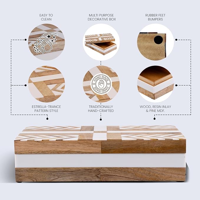 Handicrafts Home White Decorative Storage Box with Lid Wood Remote Control Box Coffee Table Storage Box Remote Holder for Living Room Decor – Resin Inlay Patisserie Adorn Collection- 8x5x2