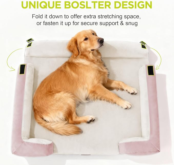 Waterproof Orthopedic Dog Bed for Extra Large Sized Dogs | Memory Foam Pet Bed Sofa with Bolster, Dog Couch with Washable Cover & Non-Slip Bottom, 45x35 Inch, Pink