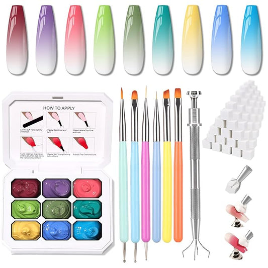 Christmas Gel Polish, 9 Colors Ombre Patting Gel Nail Polish Palette, 100 Sponges 6 Brushes 1Grabber, Blending Color Gradient Painting Nails Art, No Wipe, UV/LED Cured (Set 09)